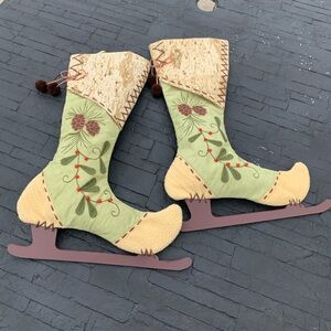 Ice Skate Christmas Stocking With Embroidered  Cream & Green